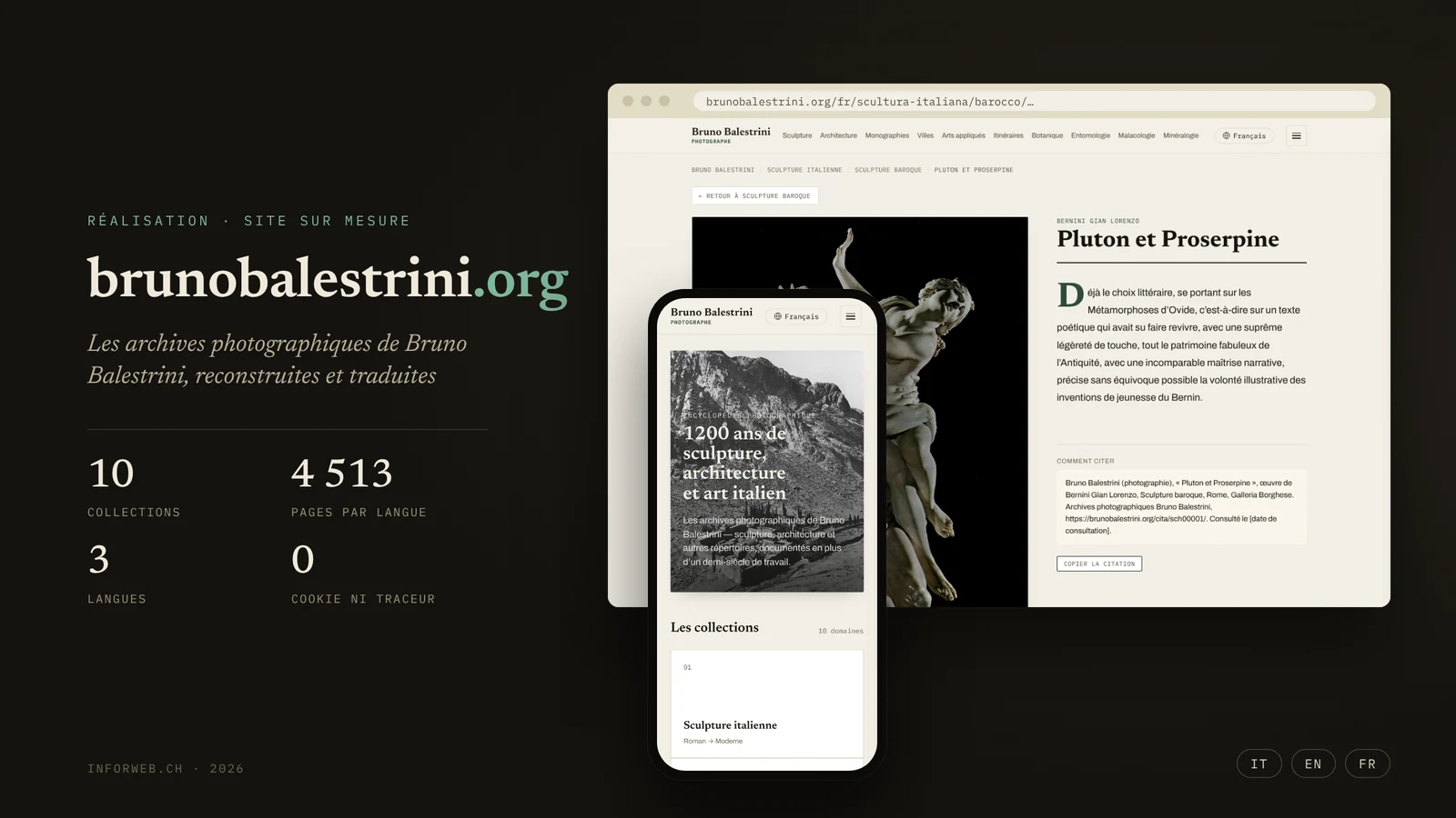 Le site brunobalestrini.org sur ordinateur et sur mobile : fiche Pluton et Proserpine du Bernin et page d’accueil